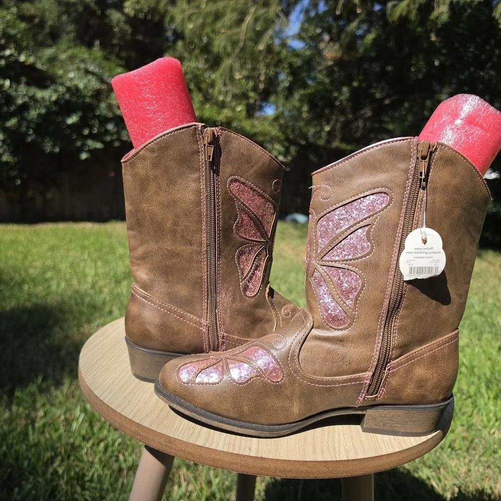 Wonder Nation Girls Butterfly Western Cowgirl Boots Brown Pink Glitter